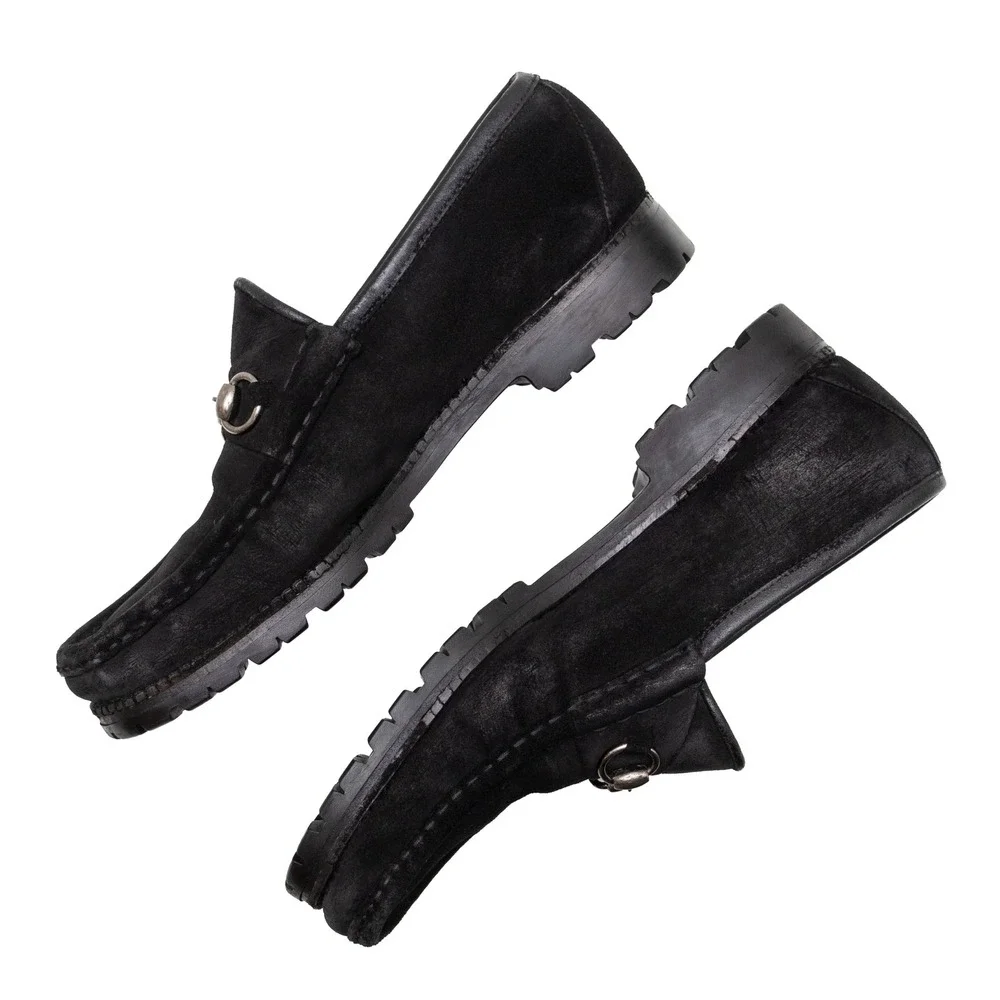 Gucci Mens Black Suede Horsebit Lug Sole Loafers Size UK 10 D Made in Italy